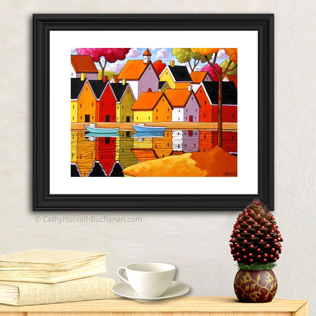 Town Harbor Reflection Art Print, Waterside Village & Boats Landscape Giclee by Cathy Horvath Buchanan