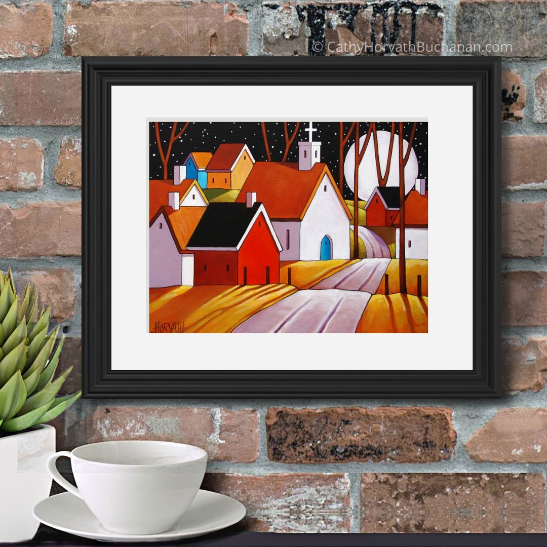 Halloween Autumn Town Moon Road Folk Art Print, Fall Night Village Giclee artist Cathy Horvath Buchanan