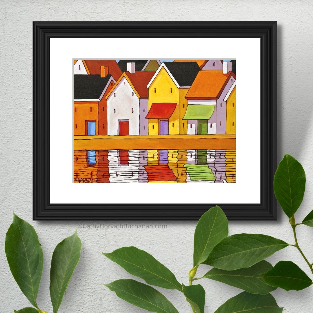 Town Pier Reflections Folk Art Print, Village Harbor Shops Giclee by Cathy Horvath Buchanan