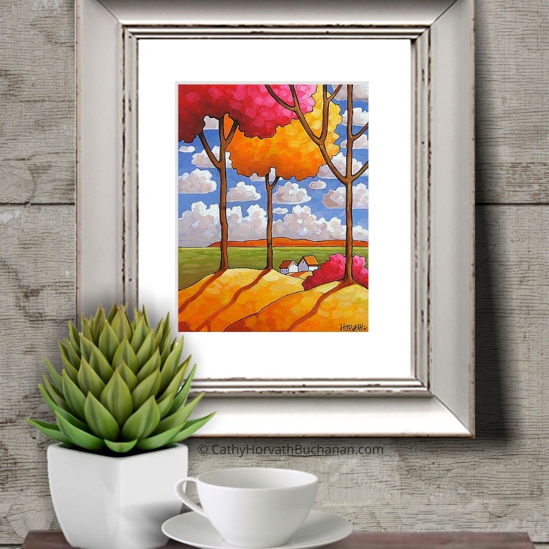 Colorful Treeside Clouds View, Modern Folk Art Print, Giclee Landscape by artist Cathy Horvath Buchanan