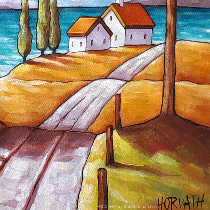 Two Pink Trees Beach Road Framed Original Painting, Folk Art Coastal Landscape 12x12