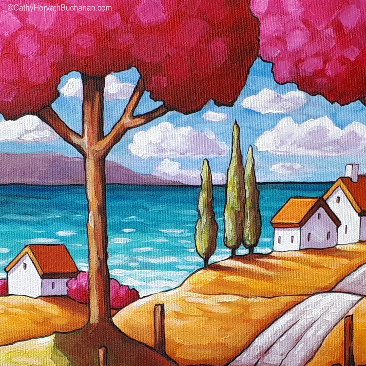 Two Pink Trees Beach Road Framed Original Painting, Folk Art Coastal Landscape 12x12