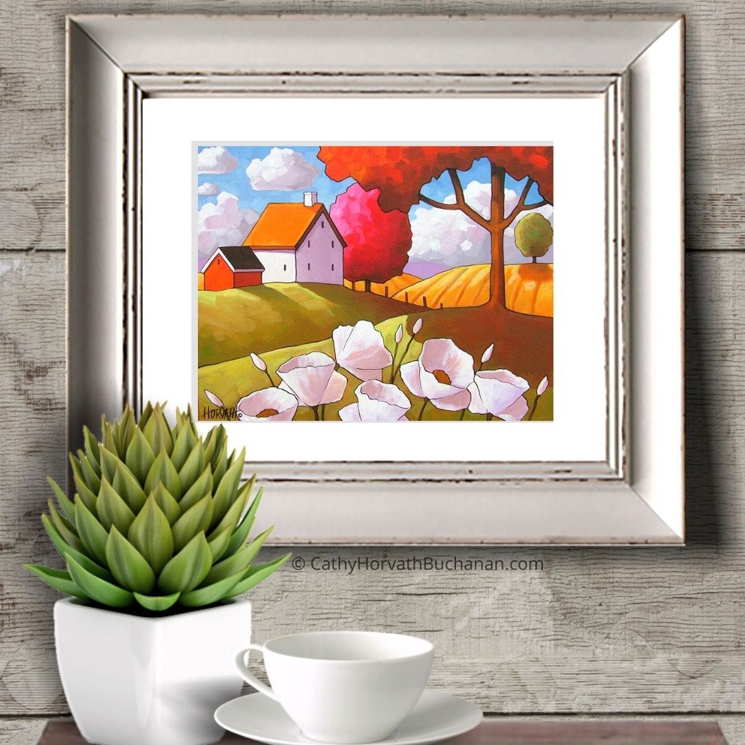 Country White Blooms Fields Folk Art Print, Modern Farmhouse Decor by artist Cathy Horvath Buchanan