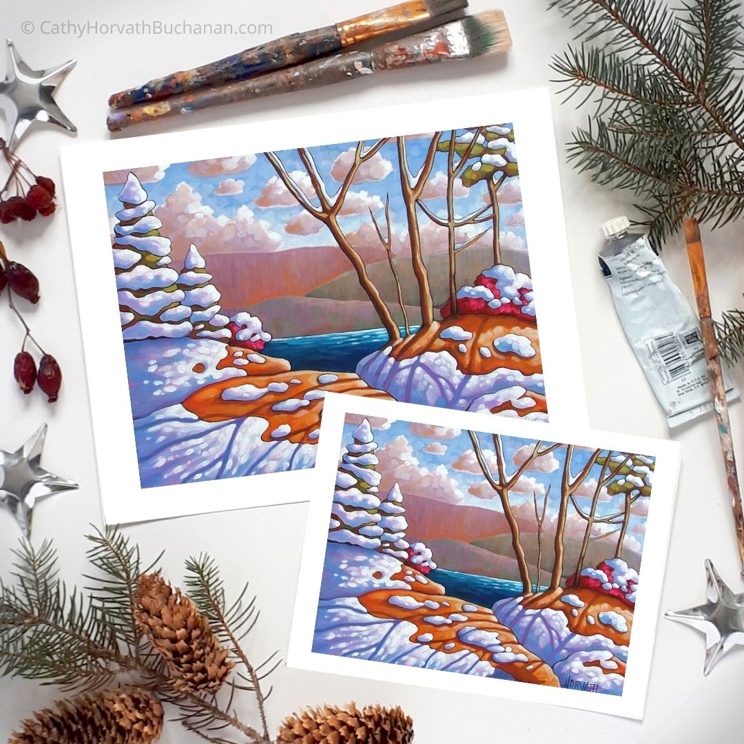 Winter Lake Snow Shadows Landscape, Giclee Art Print by Cathy Horvath Buchanan