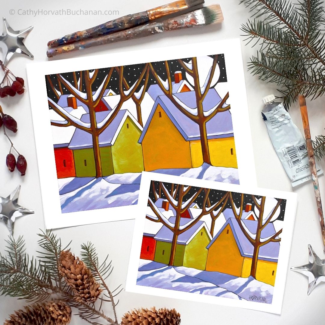 Winter Town Night Art Print, Christmas Eve Snow Giclee by Cathy Horvath Buchanan
