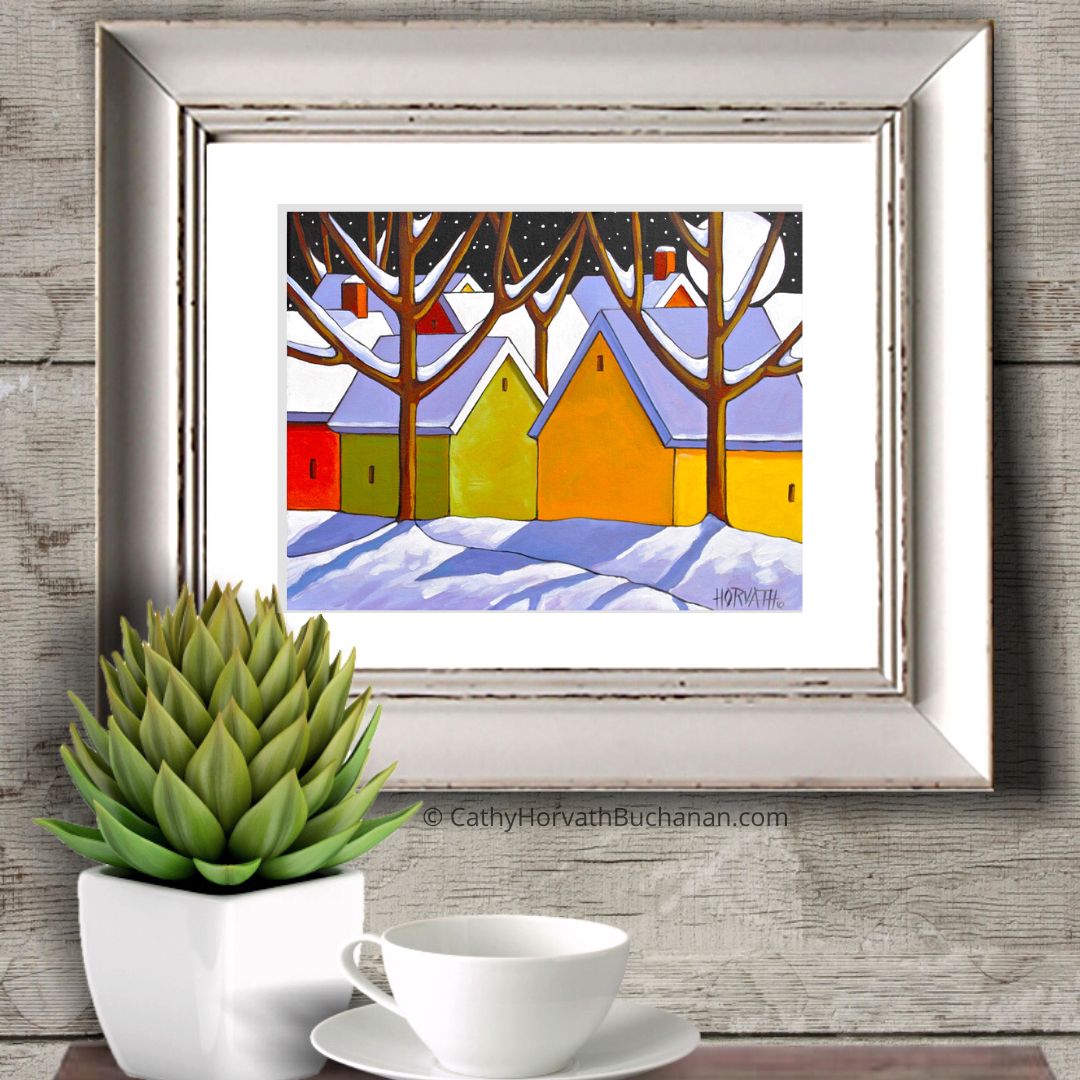 Winter Town Night Art Print, Christmas Eve Snow Giclee by Cathy Horvath Buchanan