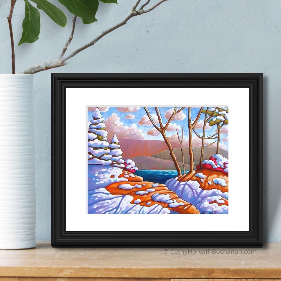 Winter Lake Snow Shadows Landscape, Giclee Art Print by Cathy Horvath Buchanan