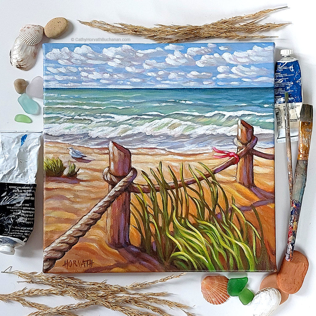 Red Ribbon Rope, Horizons Original Painting 12x12