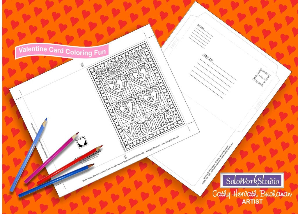 Valentine 4 pack Coloring Card Kit + Envelope, Instant Printable PDF by Cathy Horvath Buchanan