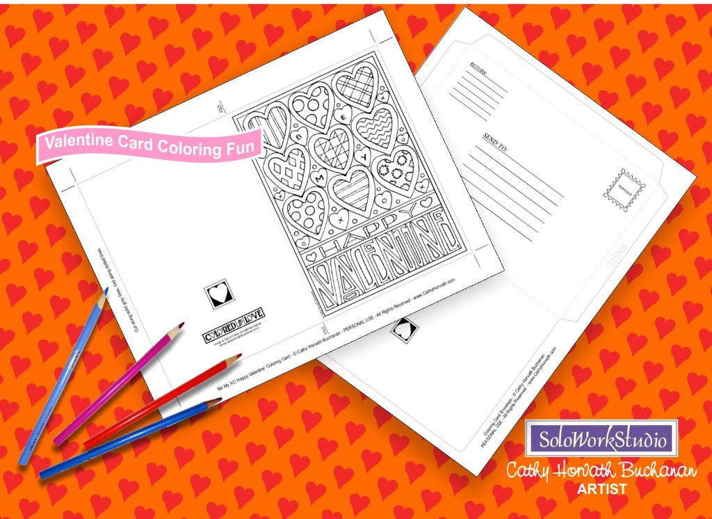 Valentine 4 pack Coloring Card Kit + Envelope, Instant Printable PDF by Cathy Horvath Buchanan