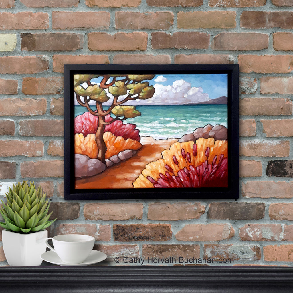 Beach Path Garden Framed Original Painting, Folk Art Coastal Seascape View 9x12