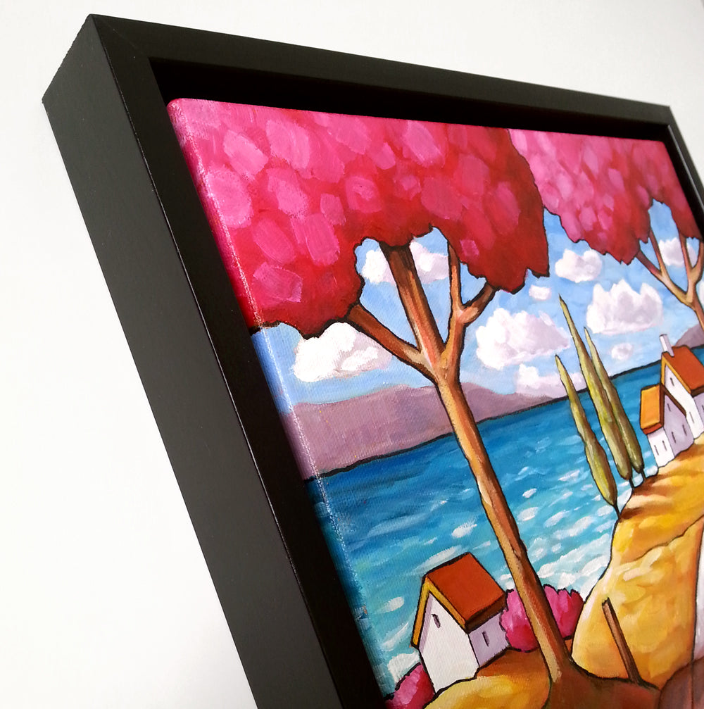 Two Pink Trees Beach Road Framed Original Painting, Folk Art Coastal Landscape 12x12