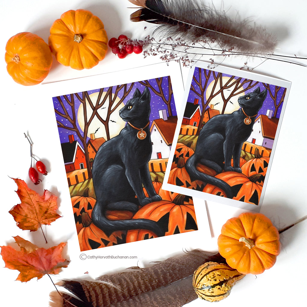 Moon Cat & Pumpkins - Art Print by artist Cathy Horvath Buchanan
