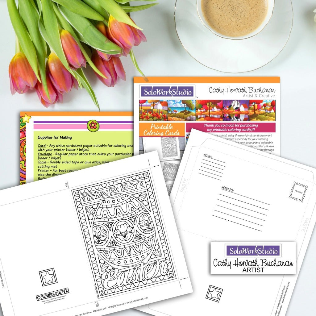 Fancy Easter Egg Coloring Kit, Card + Envelope, PDF Download Printable by Cathy Horvath Buchanan