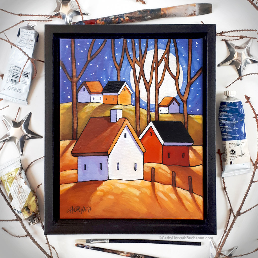 Blue Night Cottage Hills, Framed Original Painting 8x10