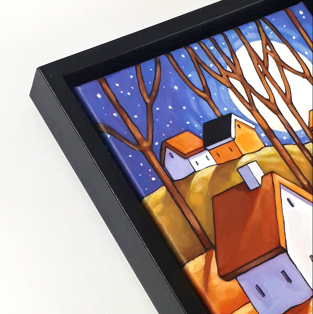 Blue Night Cottage Hills, Framed Original Painting 8x10