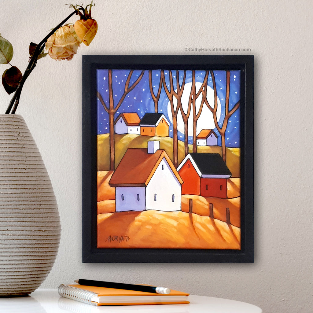 Blue Night Cottage Hills, Framed Original Painting 8x10