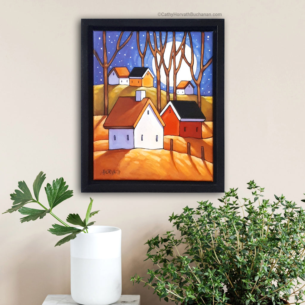 Blue Night Cottage Hills, Framed Original Painting 8x10