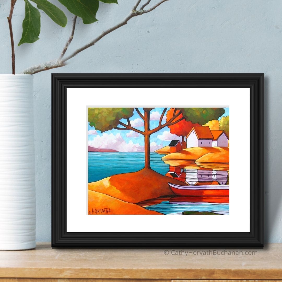 Red Canoe Shadows Summer Folk Art Print, Lake House Cabin Giclee by artist Cathy Horvath Buchanan