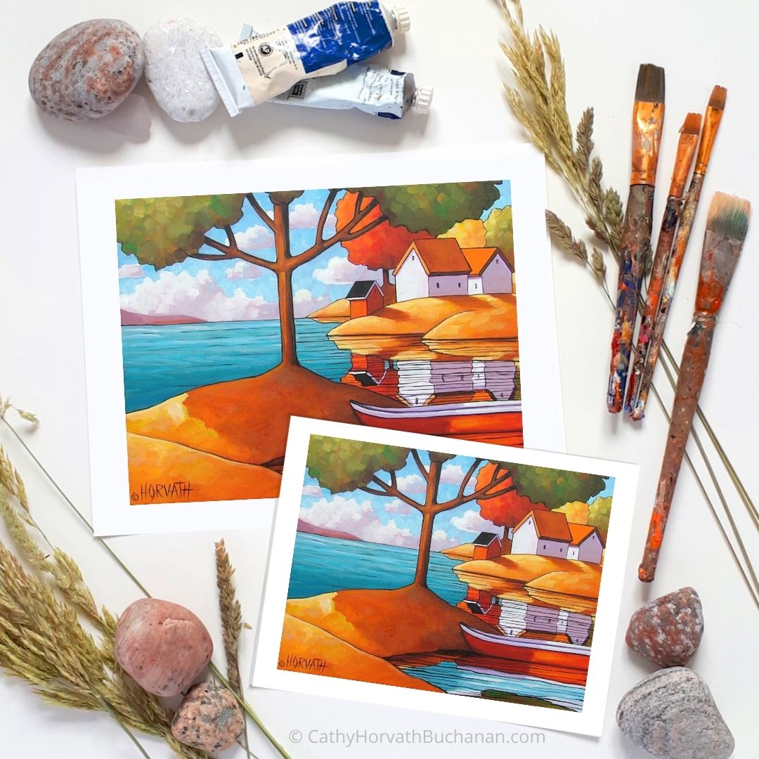 Red Canoe Shadows Summer Folk Art Print, Lake House Cabin Giclee by artist Cathy Horvath Buchanan