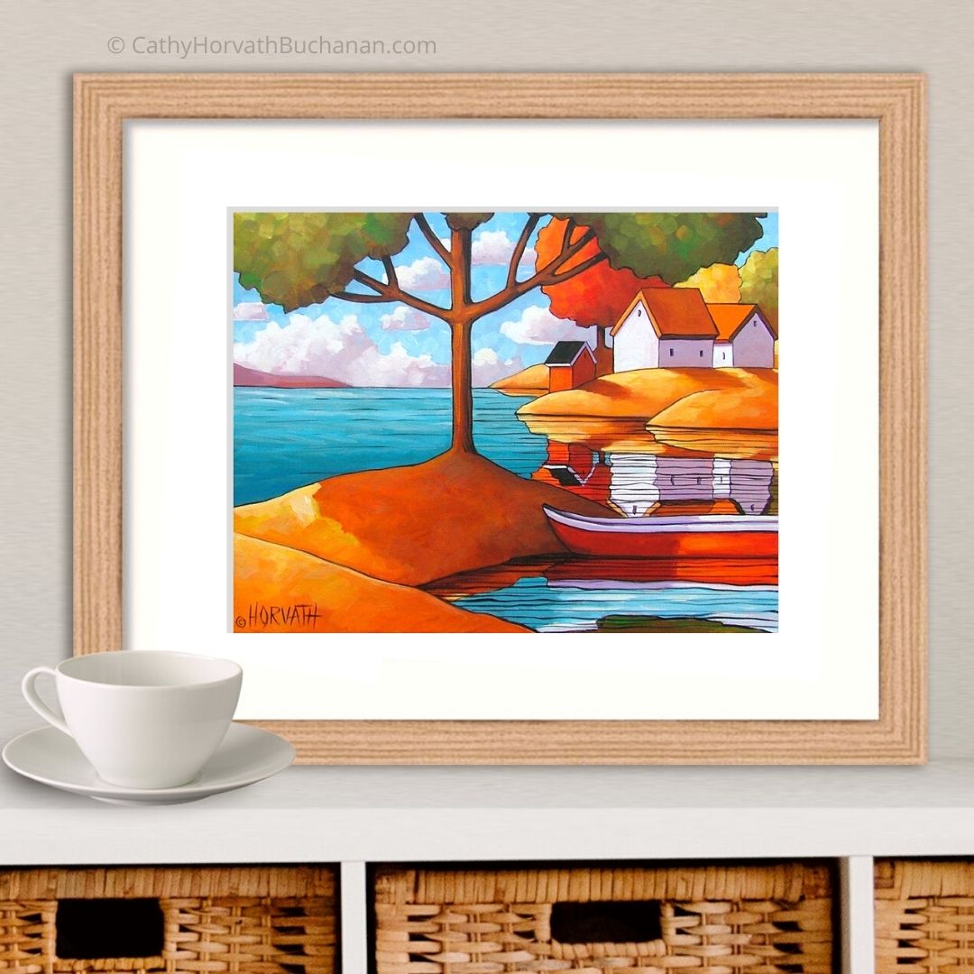 Red Canoe Shadows Summer Folk Art Print, Lake House Cabin Giclee by artist Cathy Horvath Buchanan