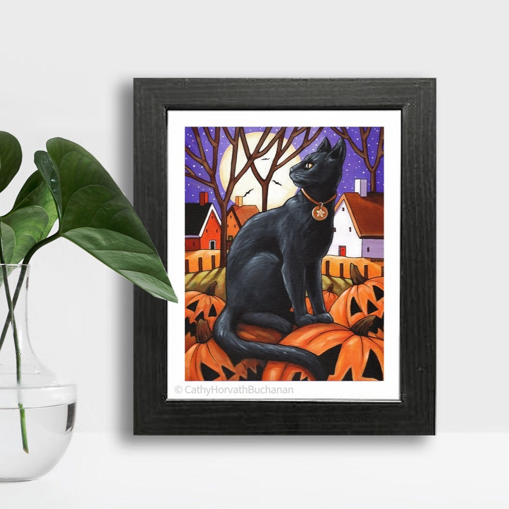 Moon Cat & Pumpkins - Art Print by artist Cathy Horvath Buchanan