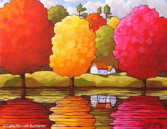 Fall Trees Reflection Art Print Wall Decor, Colorful Autumn River Giclee by artist Cathy Horvath Buchanan