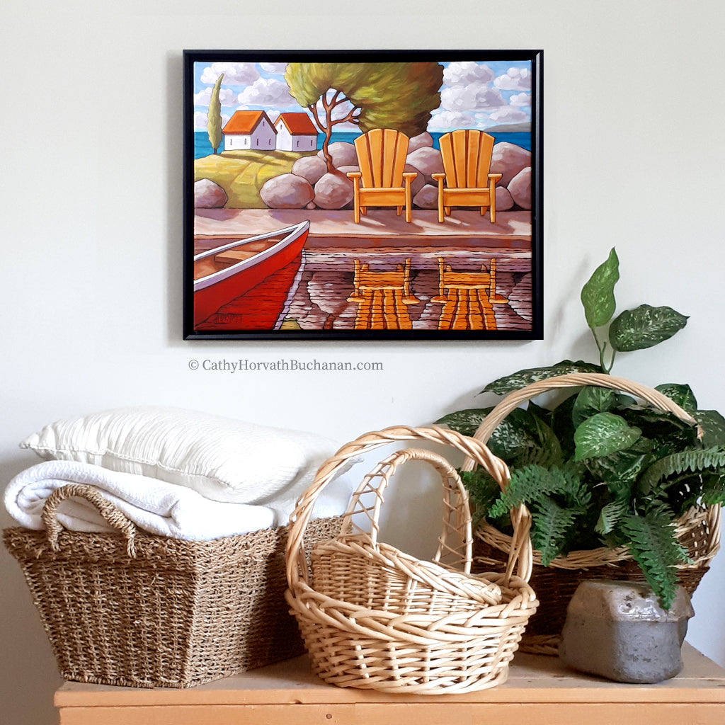 Canoe w Deck Chairs Framed Original Painting, Coastal Seascape 16x20 by artist Cathy Horvath Buchanan