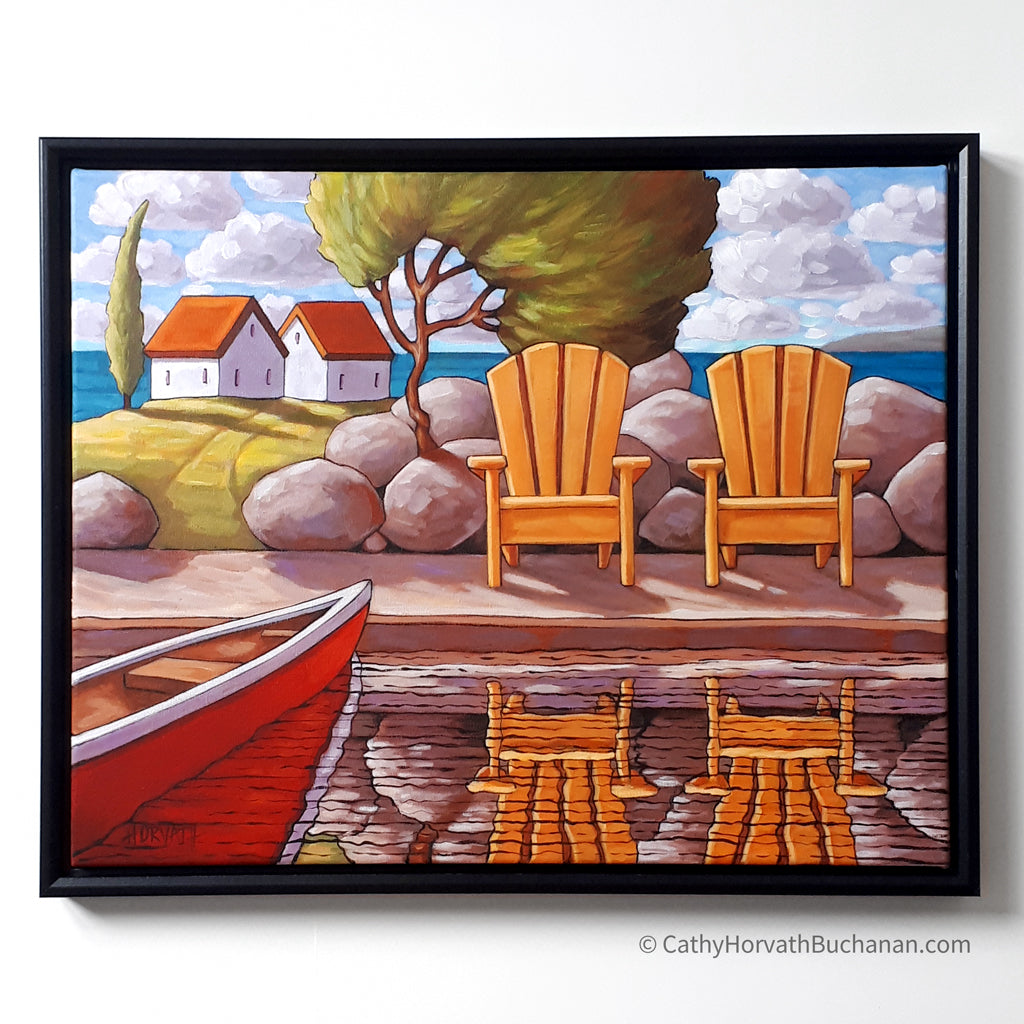 Canoe w Deck Chairs Framed Original Painting, Coastal Seascape 16x20 by artist Cathy Horvath Buchanan