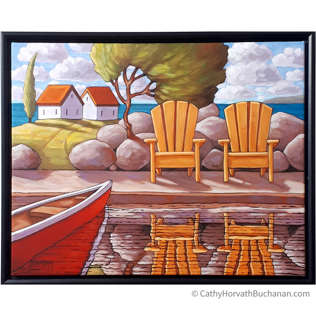 Canoe w Deck Chairs Framed Original Painting, Coastal Seascape 16x20 by artist Cathy Horvath Buchanan