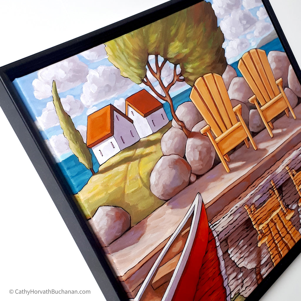 Canoe w Deck Chairs Framed Original Painting, Coastal Seascape 16x20 by artist Cathy Horvath Buchanan