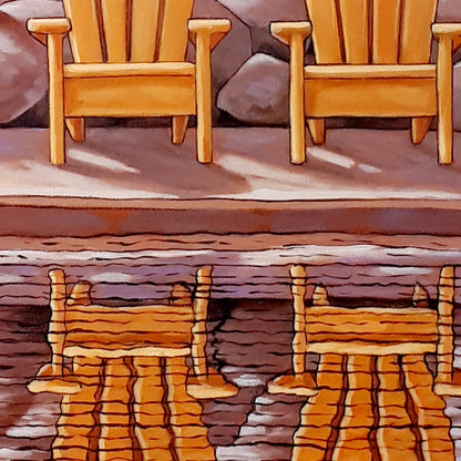 Canoe w Deck Chairs Framed Original Painting, Coastal Seascape 16x20 by artist Cathy Horvath Buchanan