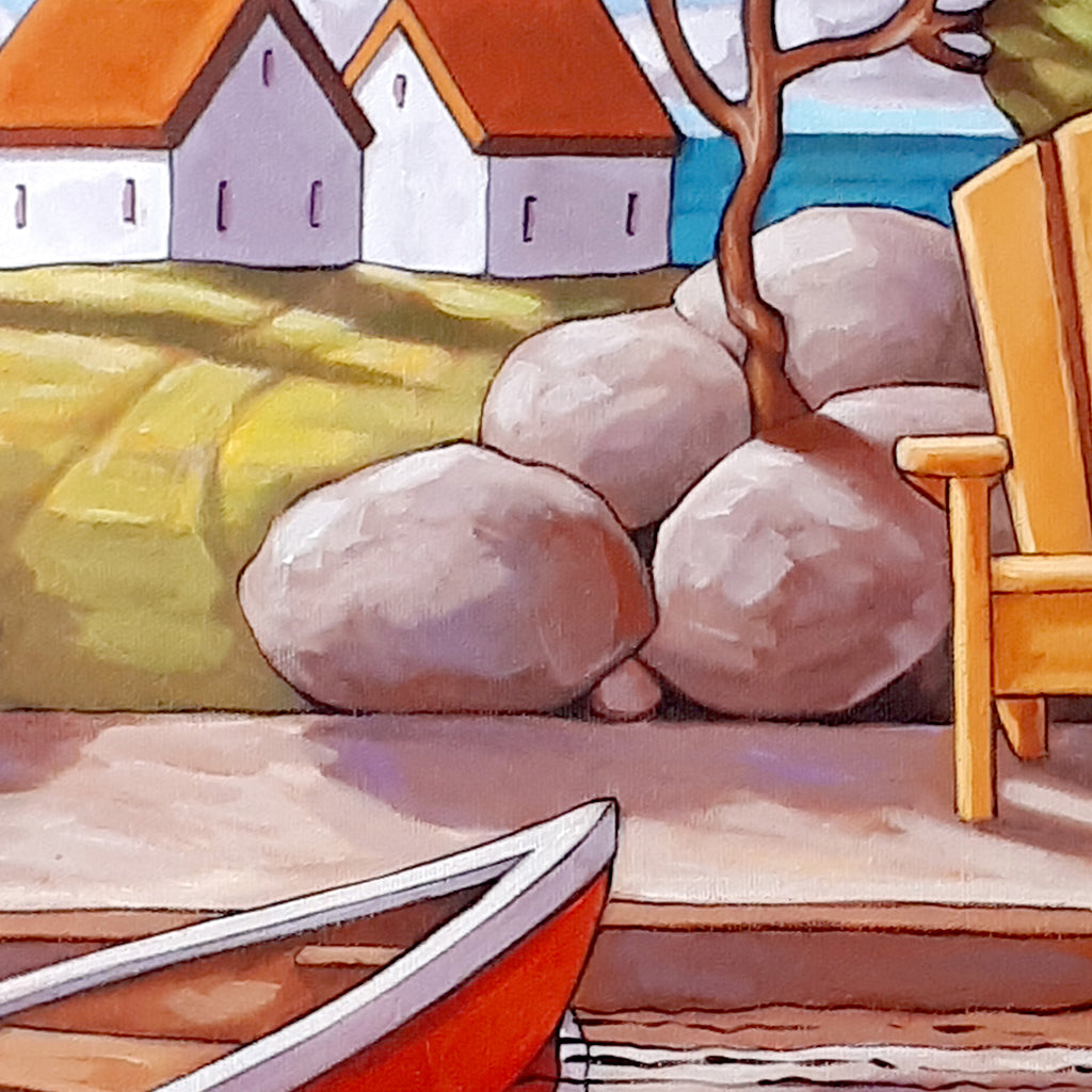 Canoe w Deck Chairs Framed Original Painting, Coastal Seascape 16x20 by artist Cathy Horvath Buchanan
