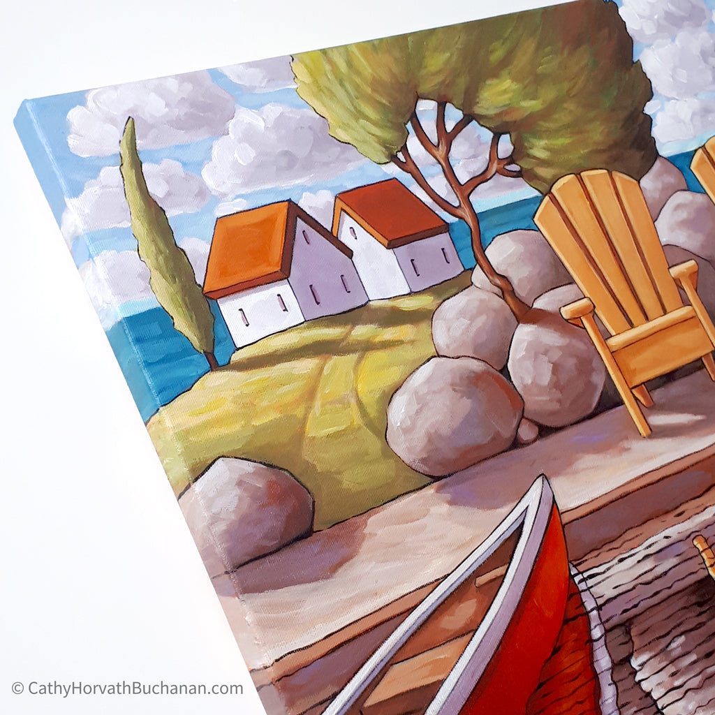 Canoe w Deck Chairs Framed Original Painting, Coastal Seascape 16x20 by artist Cathy Horvath Buchanan