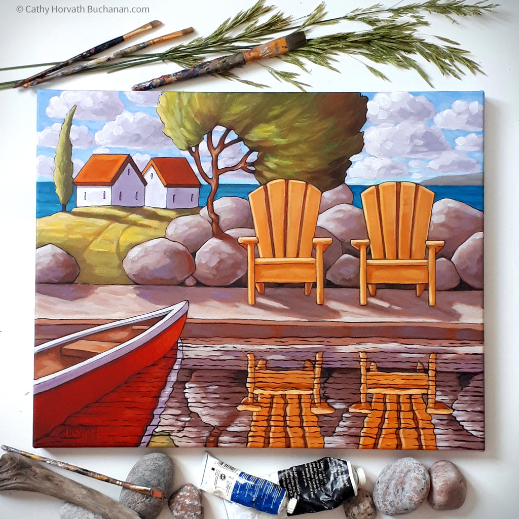 Canoe w Deck Chairs Framed Original Painting, Coastal Seascape 16x20 by artist Cathy Horvath Buchanan