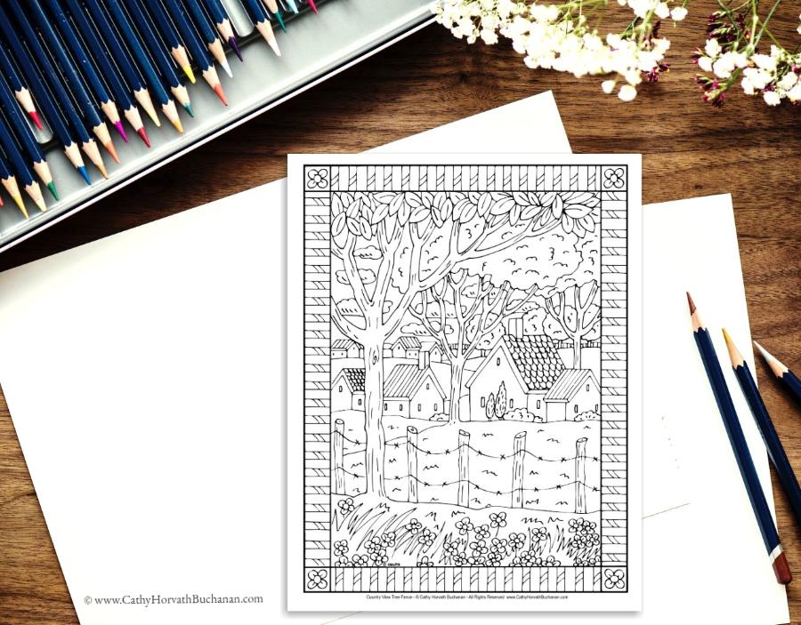 Town Country Folk Art Scenes Coloring Pages 10 Pack , PDF Printable Download by Cathy Horvath Buchanan