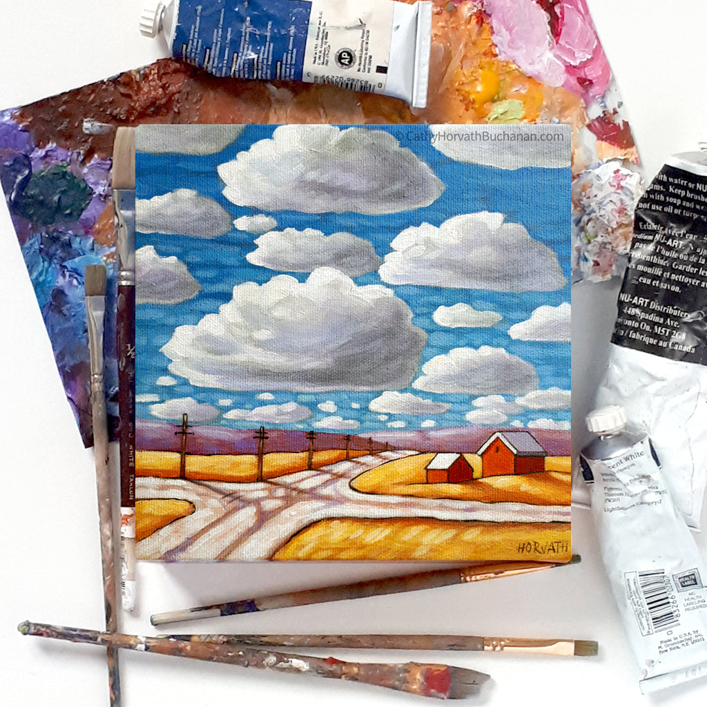 Crossroads Under Blue Sky Clouds - Original Painting by Cathy Horvath Buchanan