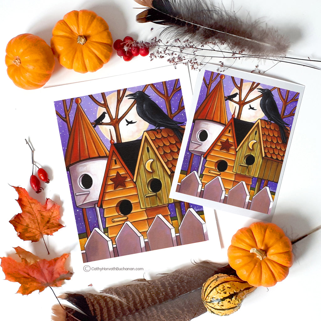 Moon Crows Houses - Art Print Giclee by artist Cathy Horvath Buchanan