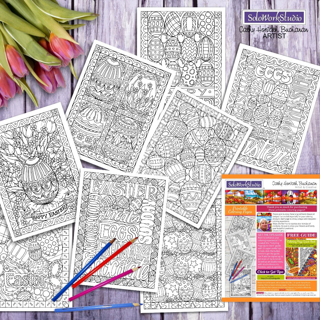 easter coloring 8 page pack by artist Cathy Horvath Buchanan