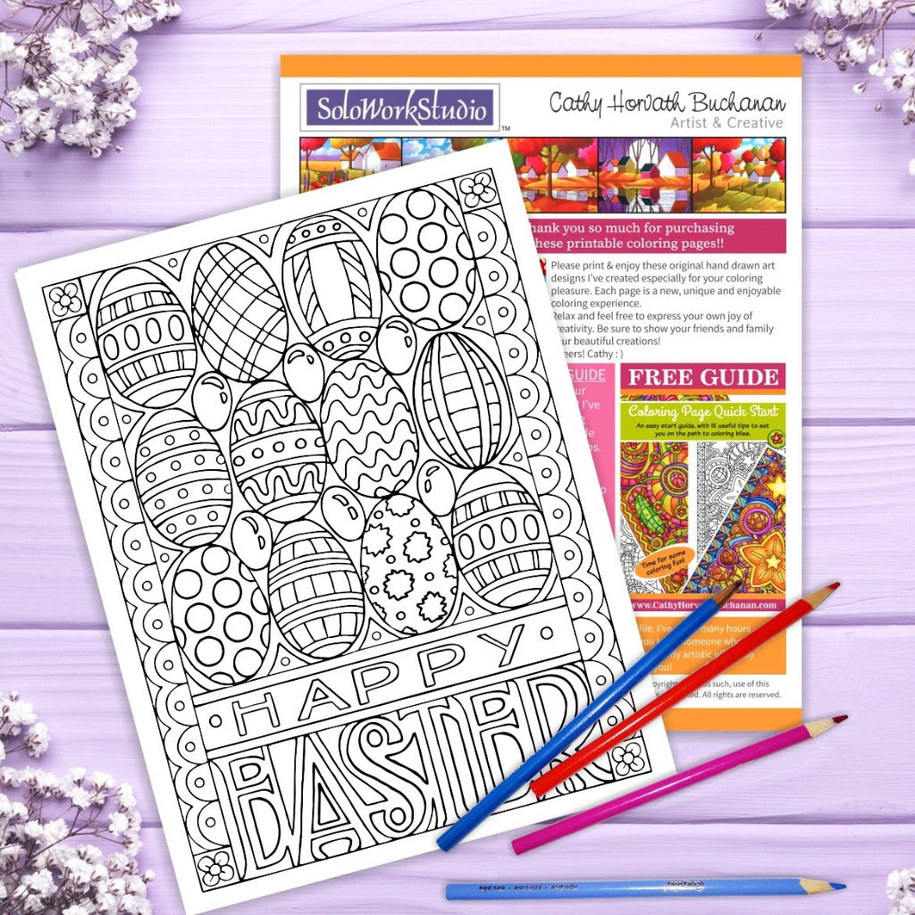 Eggs Jellybeans Happy Easter Coloring Page by Artist Cathy Horvath Buchanan