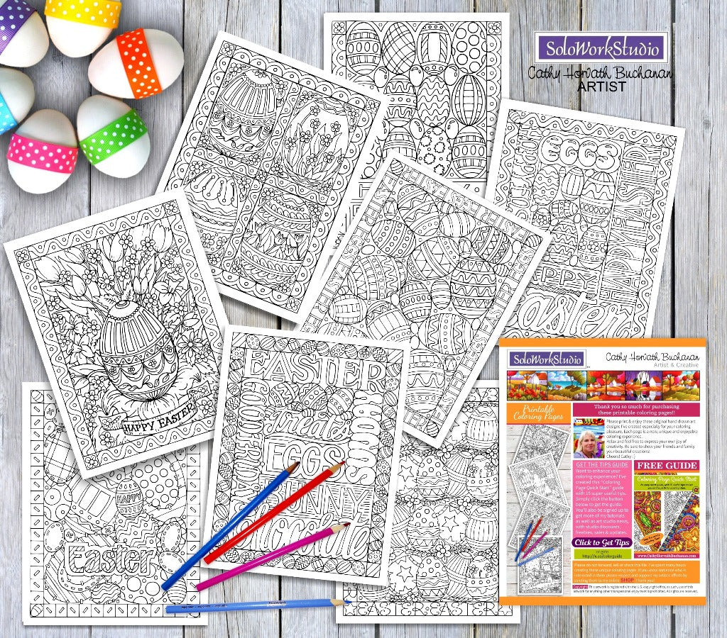 easter coloring 8 page pack by artist Cathy Horvath Buchanan