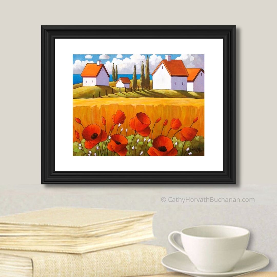 Set of 4 Art Prints, 5x7 Summer Flower Coastal Folk Art Giclee, Tall Grass Ocean Landscape, Archival Art Print Collection by Cathy Horvath Buchanan