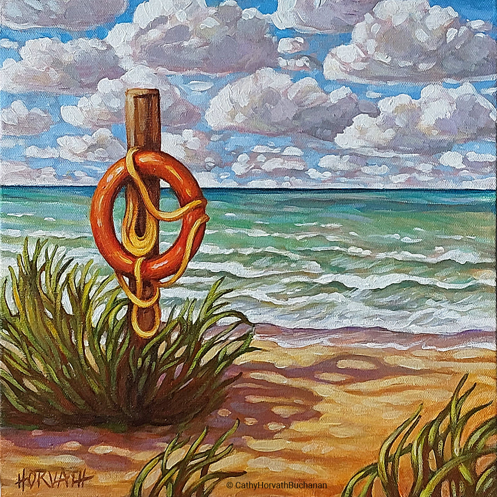 Erie Rest Life Preserver, Horizons Original Painting 12x12