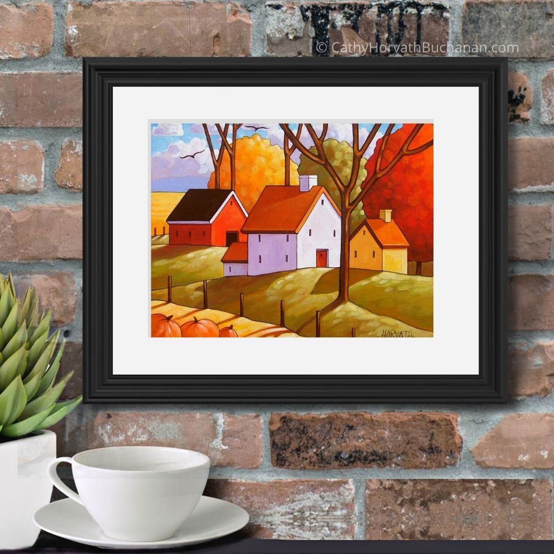 Fall Farm Trees Art Print, Country Folk Harvest Giclee by artist Cathy Horvath Buchanan