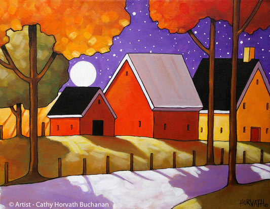 Autumn Farm Roadway Night Moon Folk Art Print, Fall Country Halloween Giclee by artist Cathy Horvath Buchanan