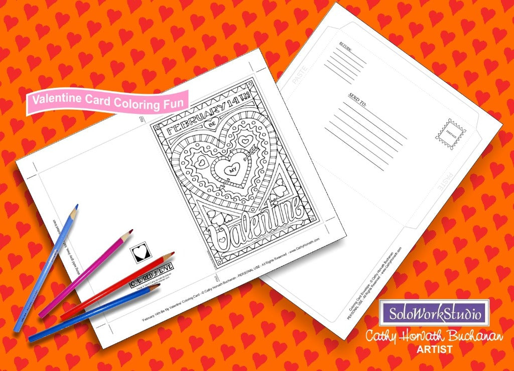 Valentine 4 pack Coloring Card Kit + Envelope, Instant Printable PDF by Cathy Horvath Buchanan