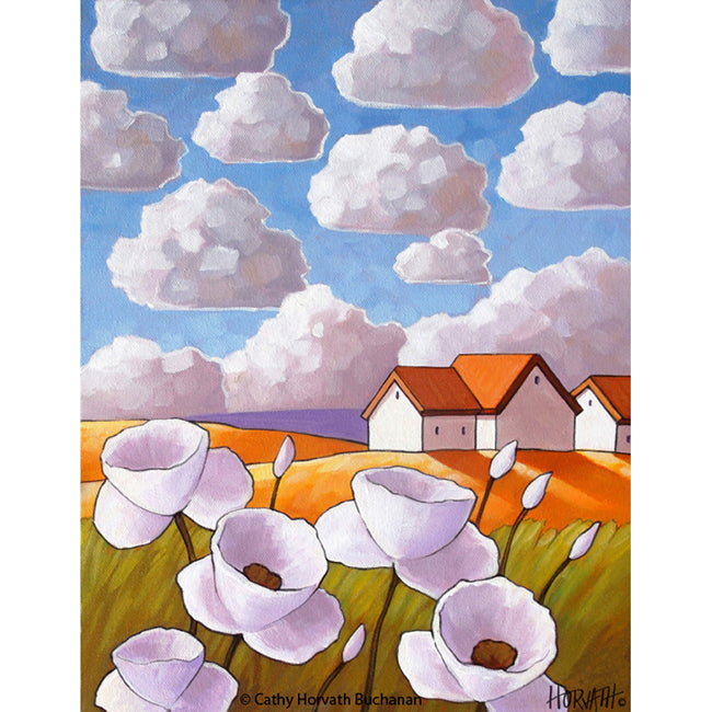 Flower Clouds Folk Art Print, Country Garden Landscape Giclee artist Cathy Horvath Buchanan