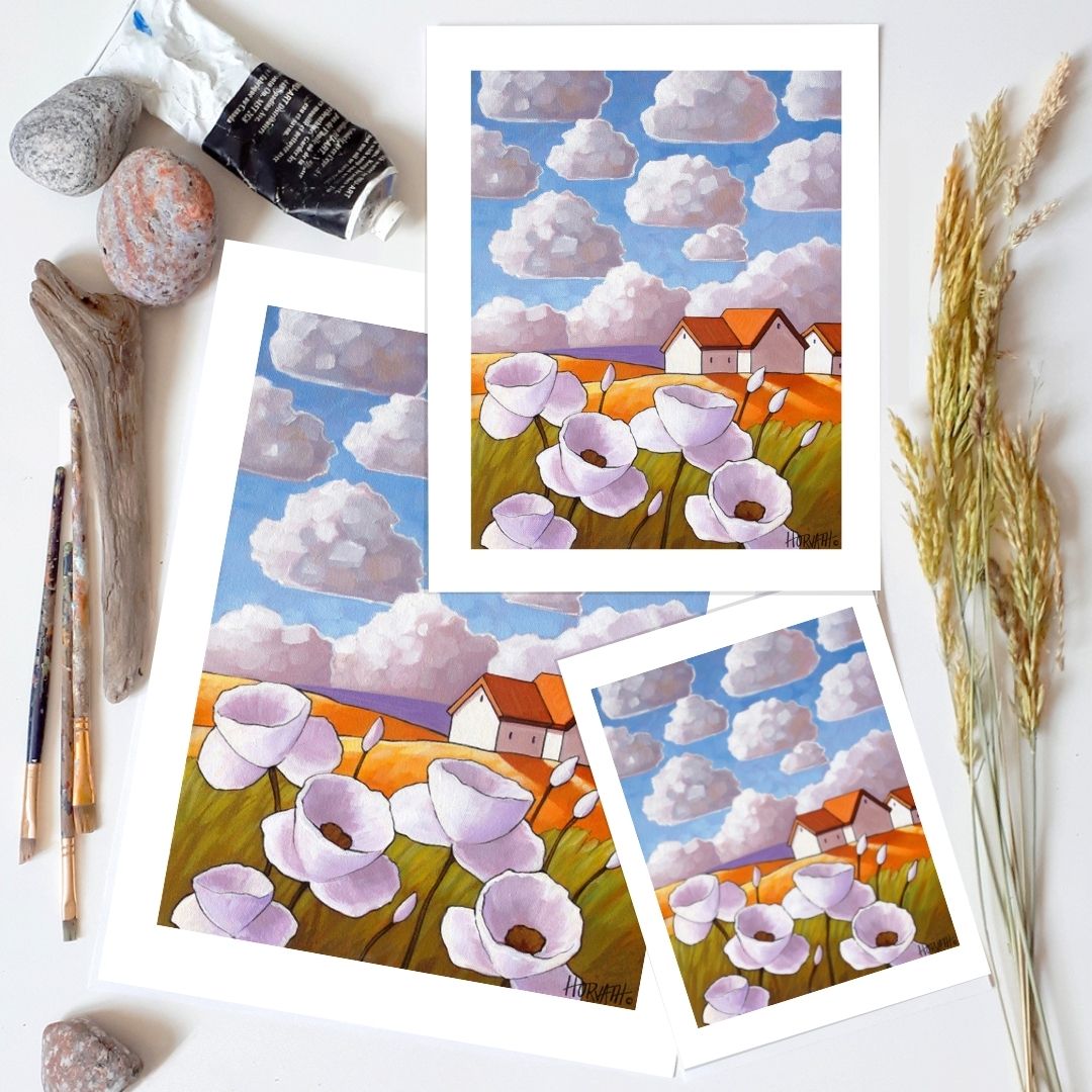 Flower Clouds Folk Art Print, Country Garden Landscape Giclee artist Cathy Horvath Buchanan