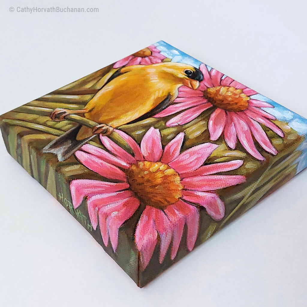 Goldfinch Coneflowers - Original Painting by artist Cathy Horvath Buchanan side bottom view