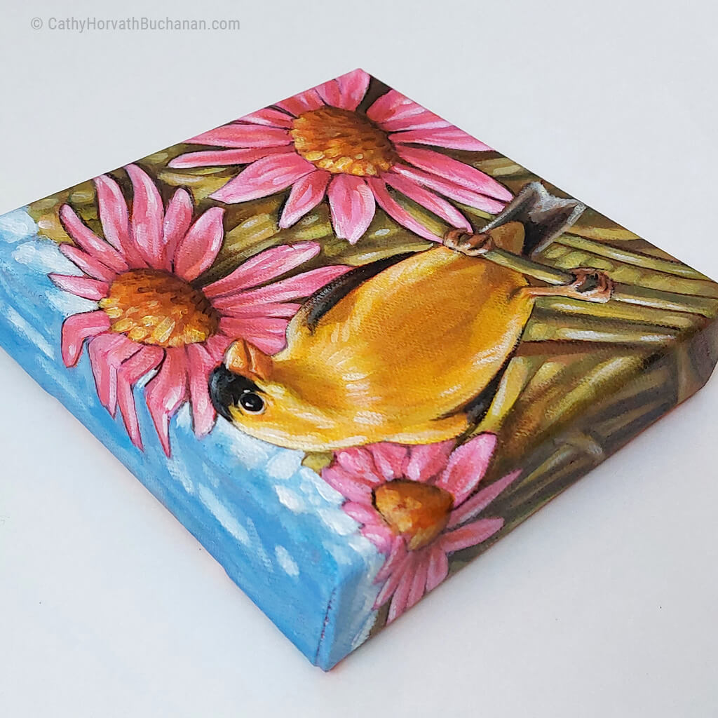 Goldfinch Coneflowers - Original Painting by artist Cathy Horvath Buchanan top side view